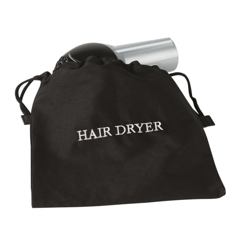 Hair Dryer Bag, Fire Retardant, Black Bag with White Embroidery